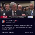 🇺🇸 États-Unis : Trump annonce la mort de Mueller et s&rsquo;exclame que c&rsquo;est une bonne chose : il ne nuira plus aux innocents ! L&rsquo;ex-directeur du FBI, artisan de l&rsquo;enquête sur l&rsquo;ingérence russe de 2016, s&rsquo;éteint à 81 ans après des années de controverse et des millions dépensés. Enfin un deep state allégé ? Et si cela marquait la fin des chasses aux sorcières bidons ?